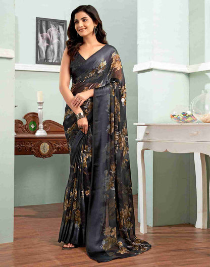 Dark Grey Georgette Printed Saree