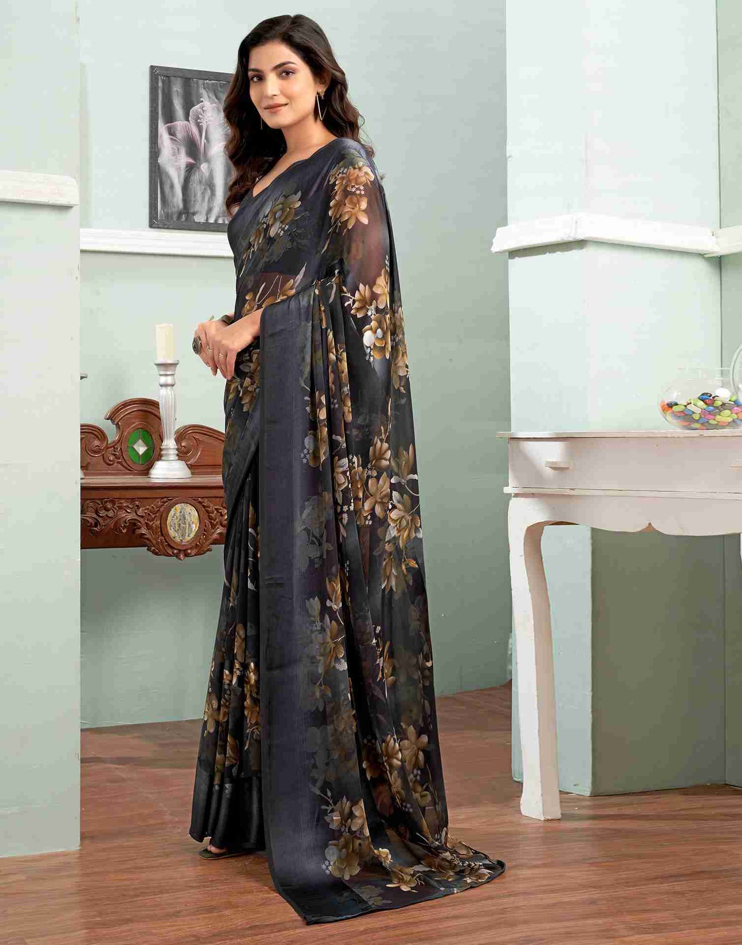 Dark Grey Georgette Printed Saree