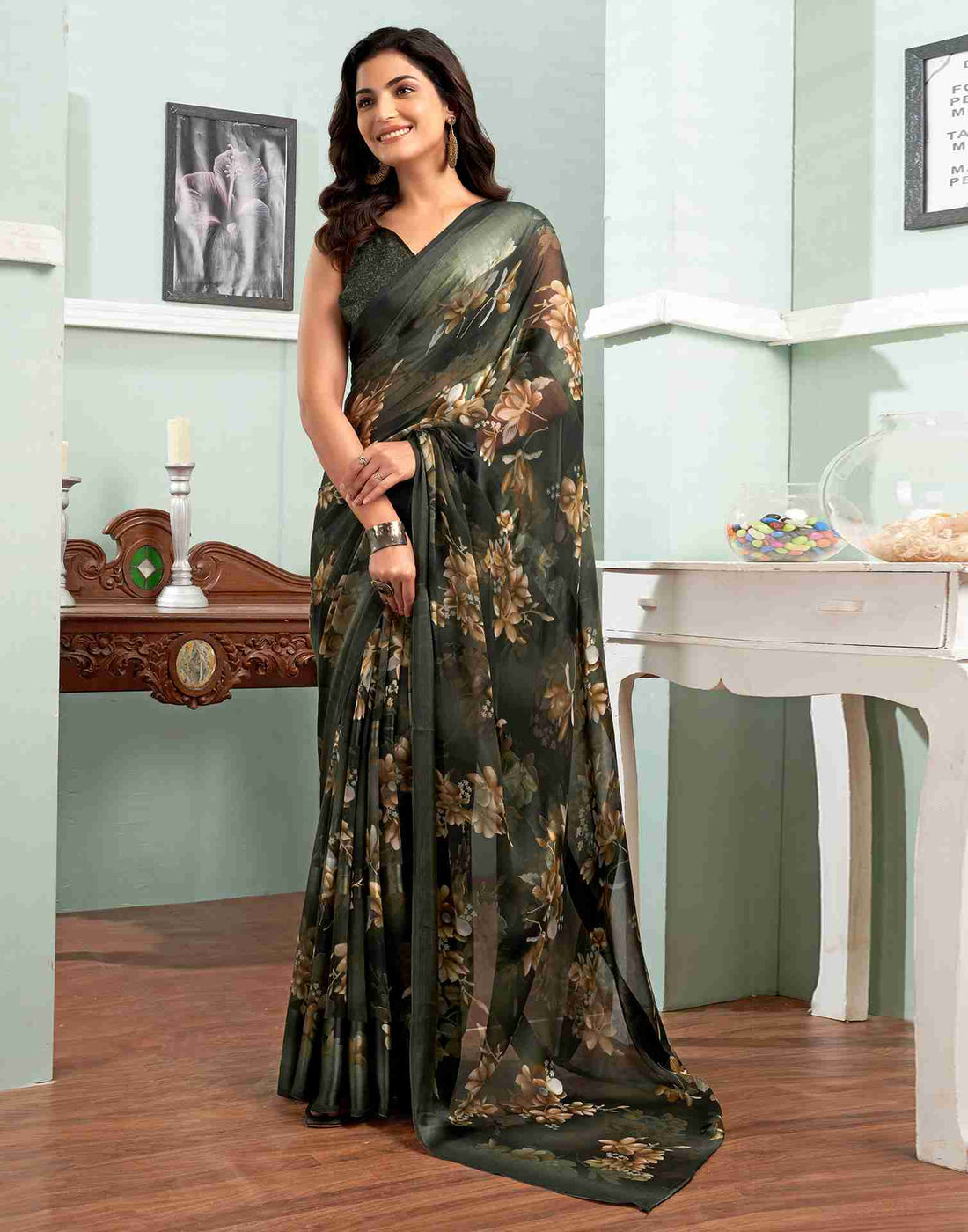 Dark Green Georgette Printed Saree