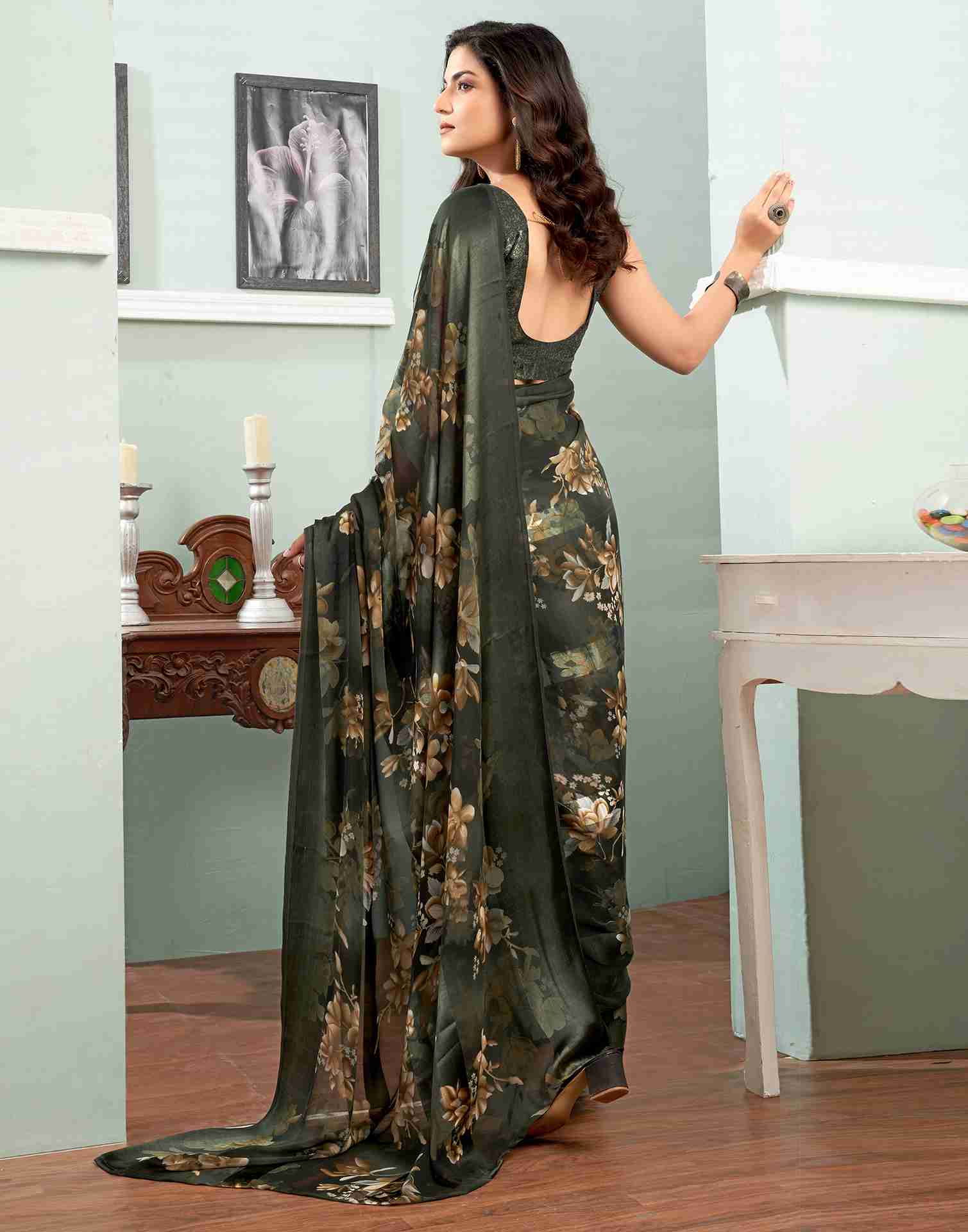 Dark Green Georgette Printed Saree