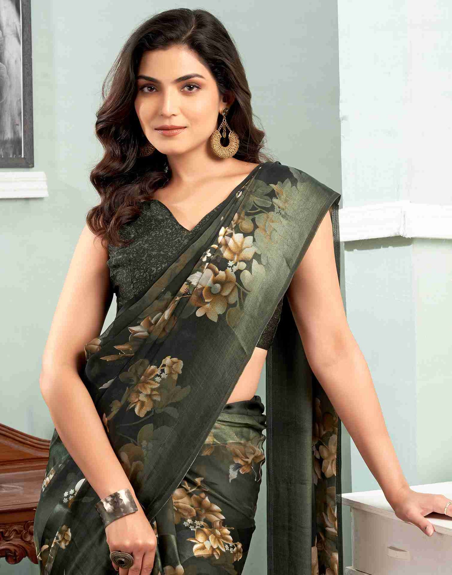 Dark Green Georgette Printed Saree