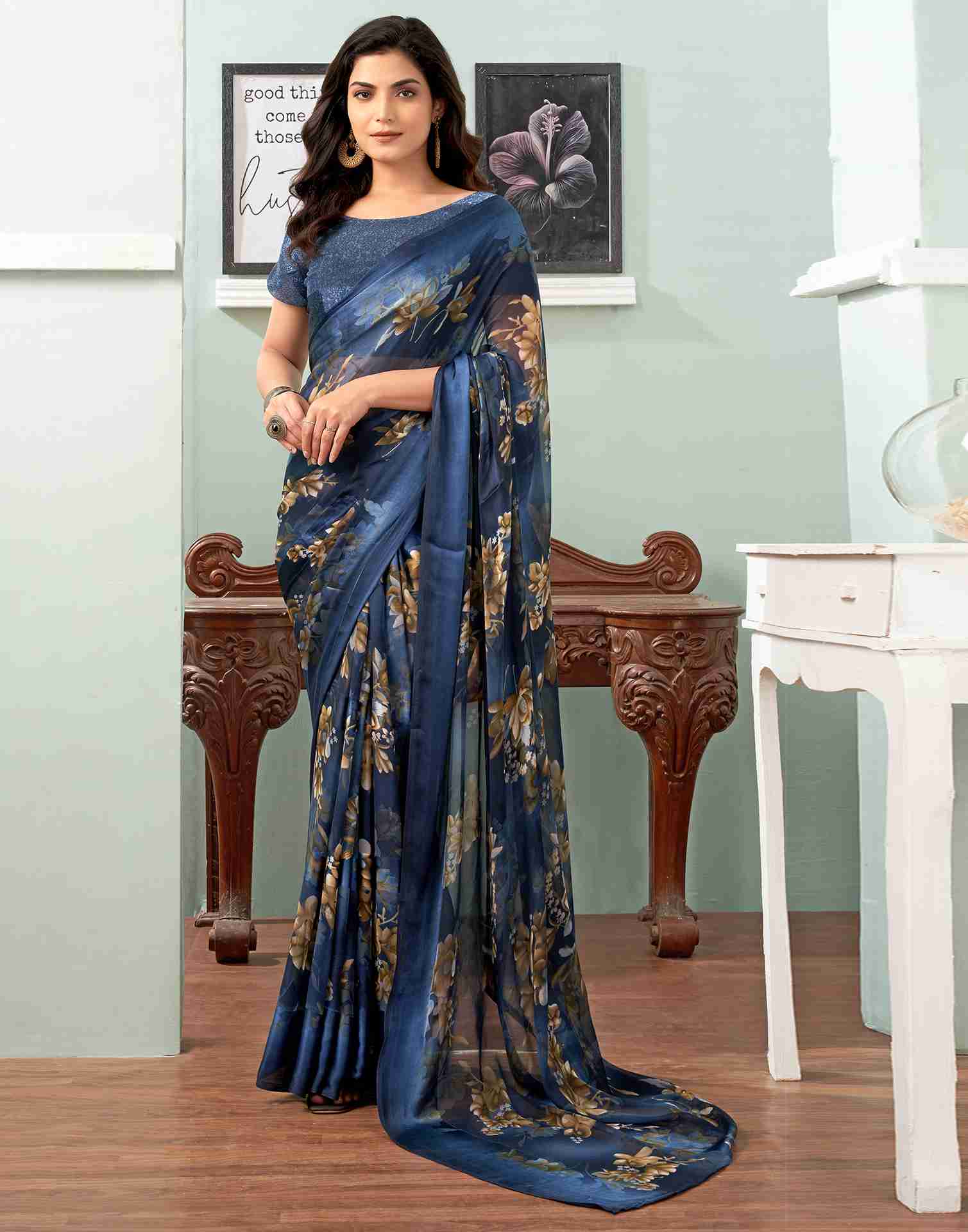 Dark Blue Georgette Printed Saree