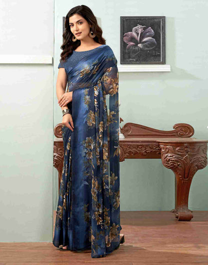 Dark Blue Georgette Printed Saree