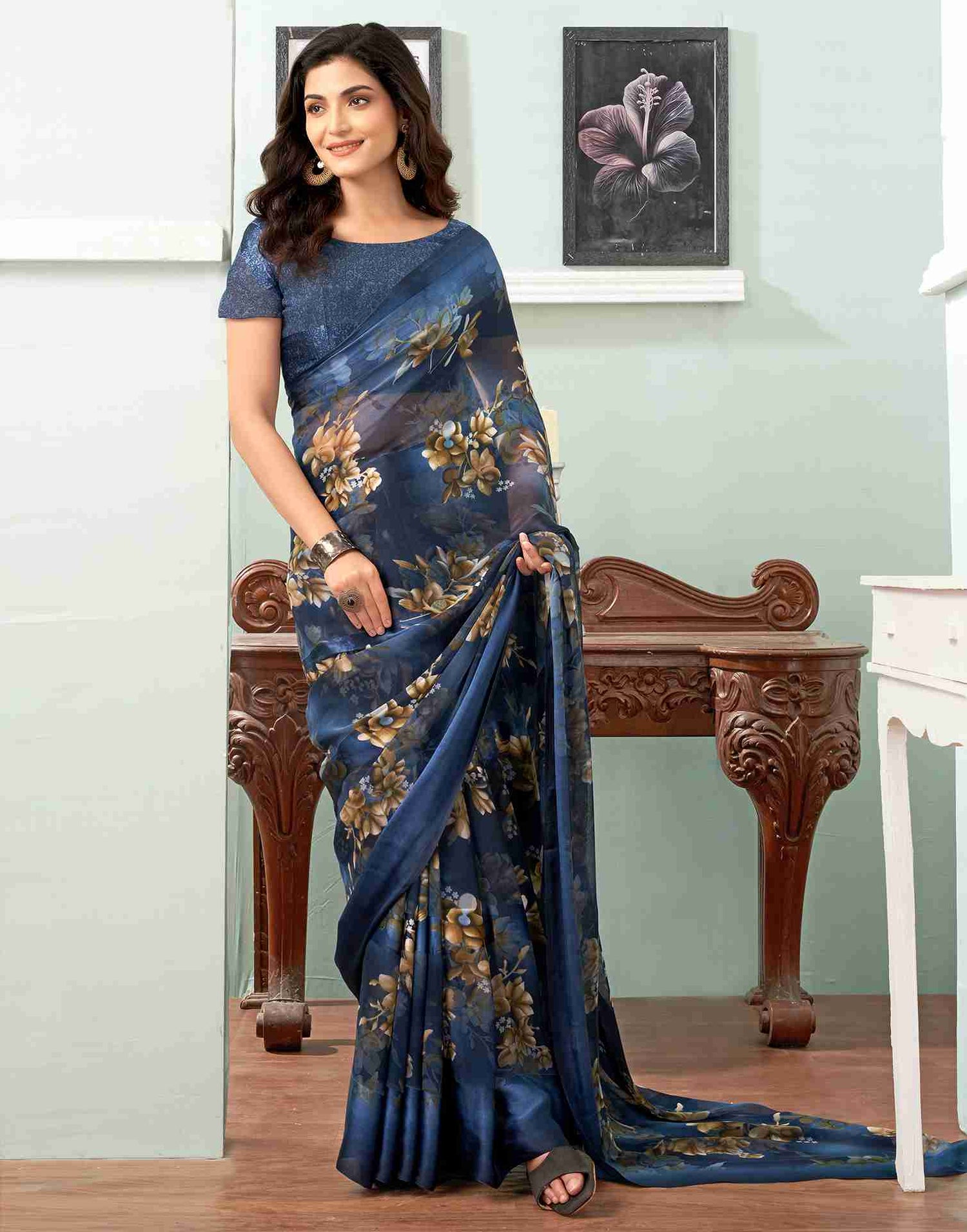 Dark Blue Georgette Printed Saree