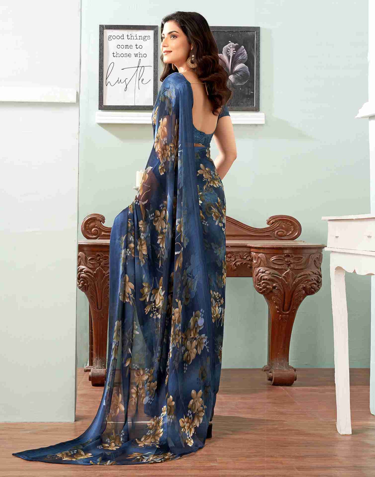 Dark Blue Georgette Printed Saree