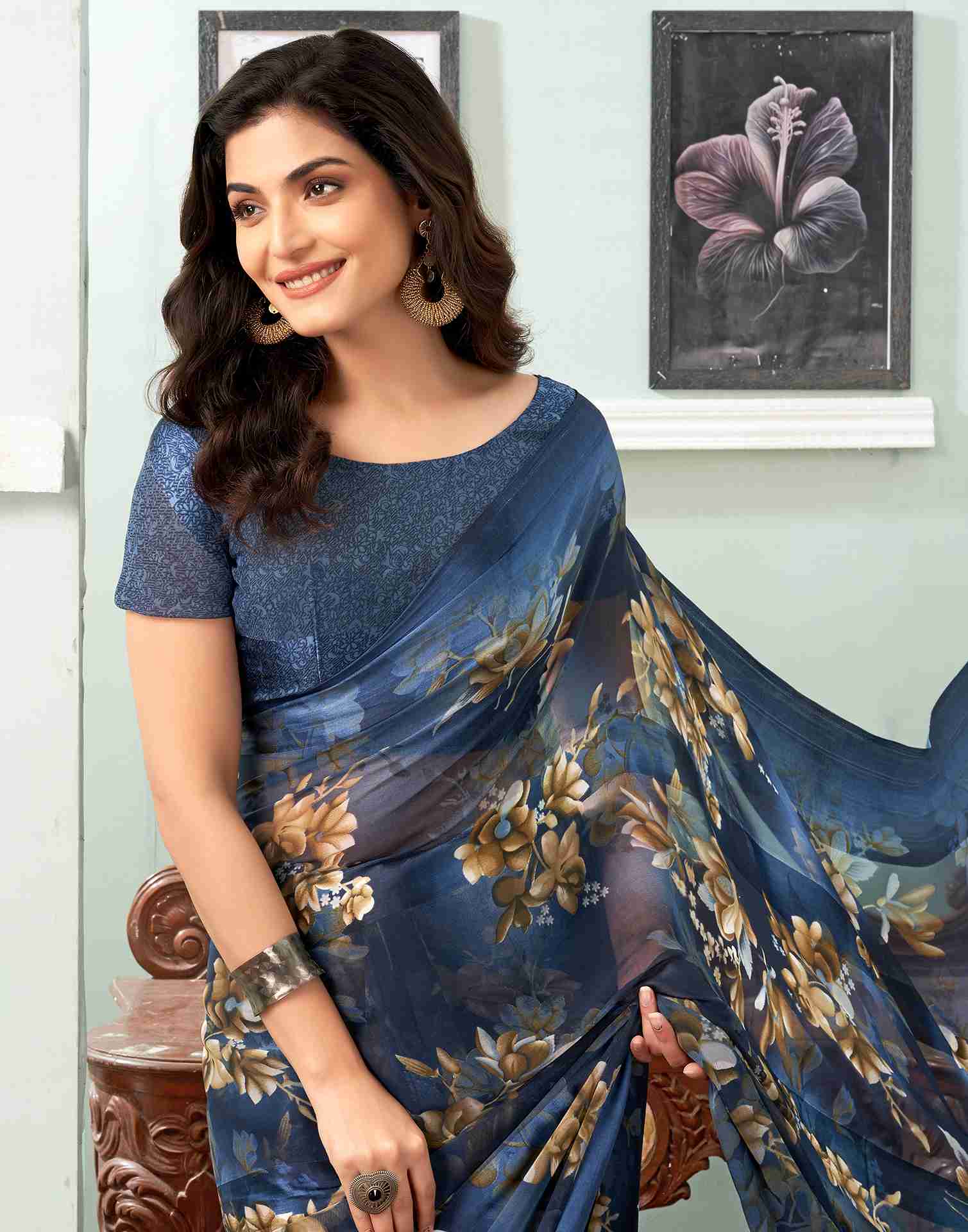 Dark Blue Georgette Printed Saree