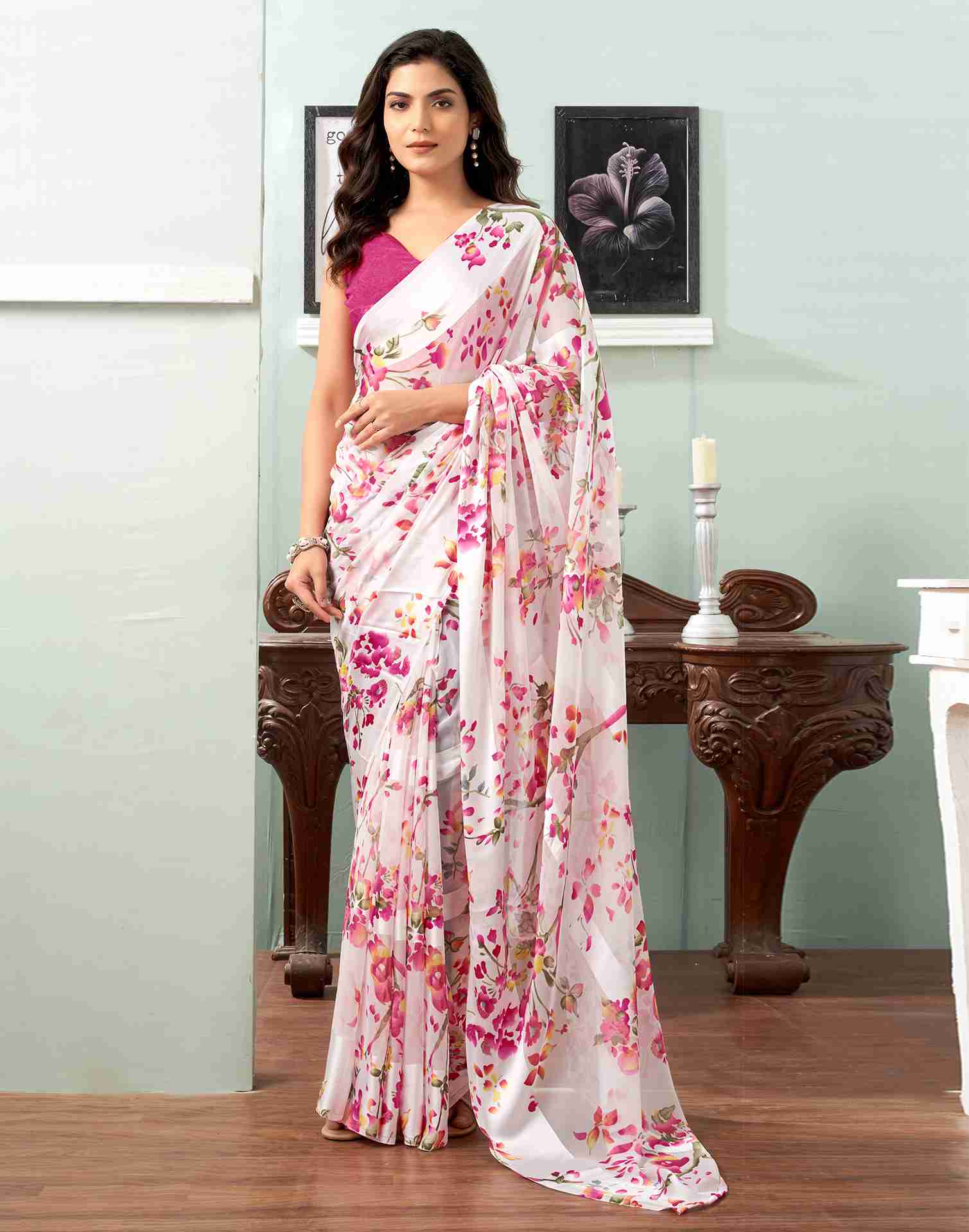 White Georgette Printed Saree