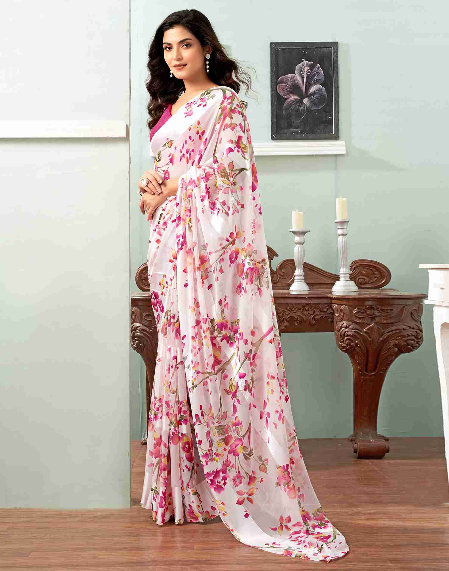 White Georgette Printed Saree