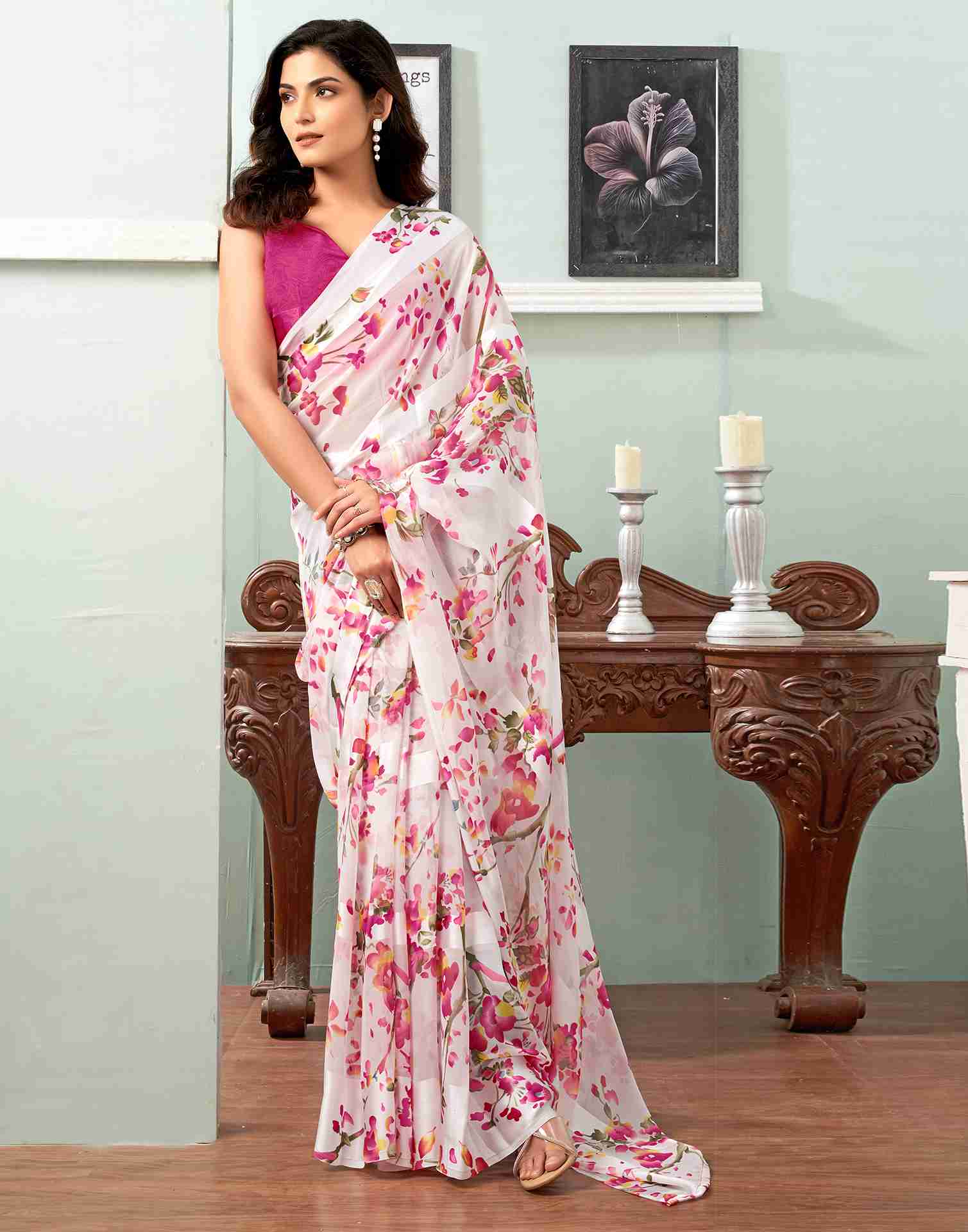 White Georgette Printed Saree