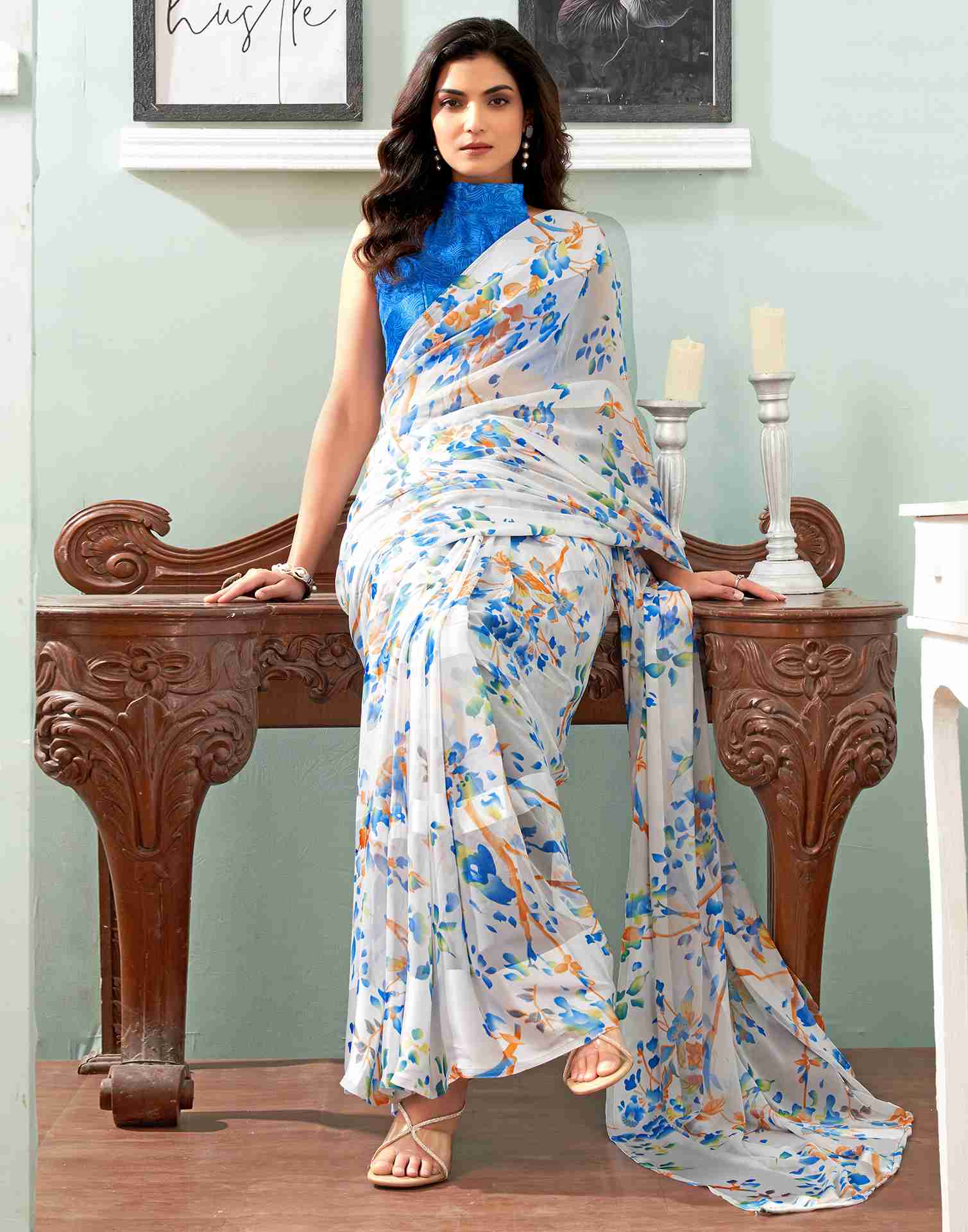 White Georgette Printed Saree