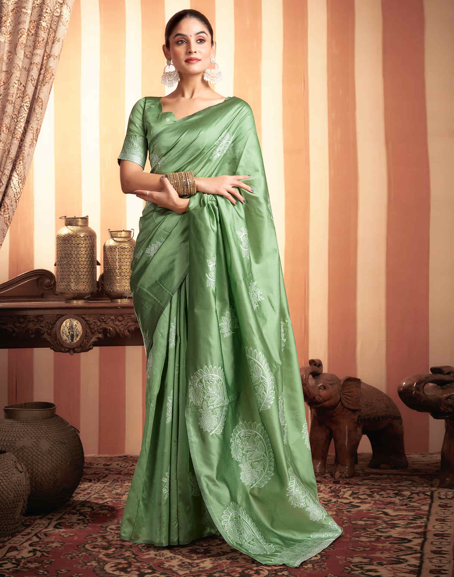 Pista Green Woven Banarasi Silk Saree