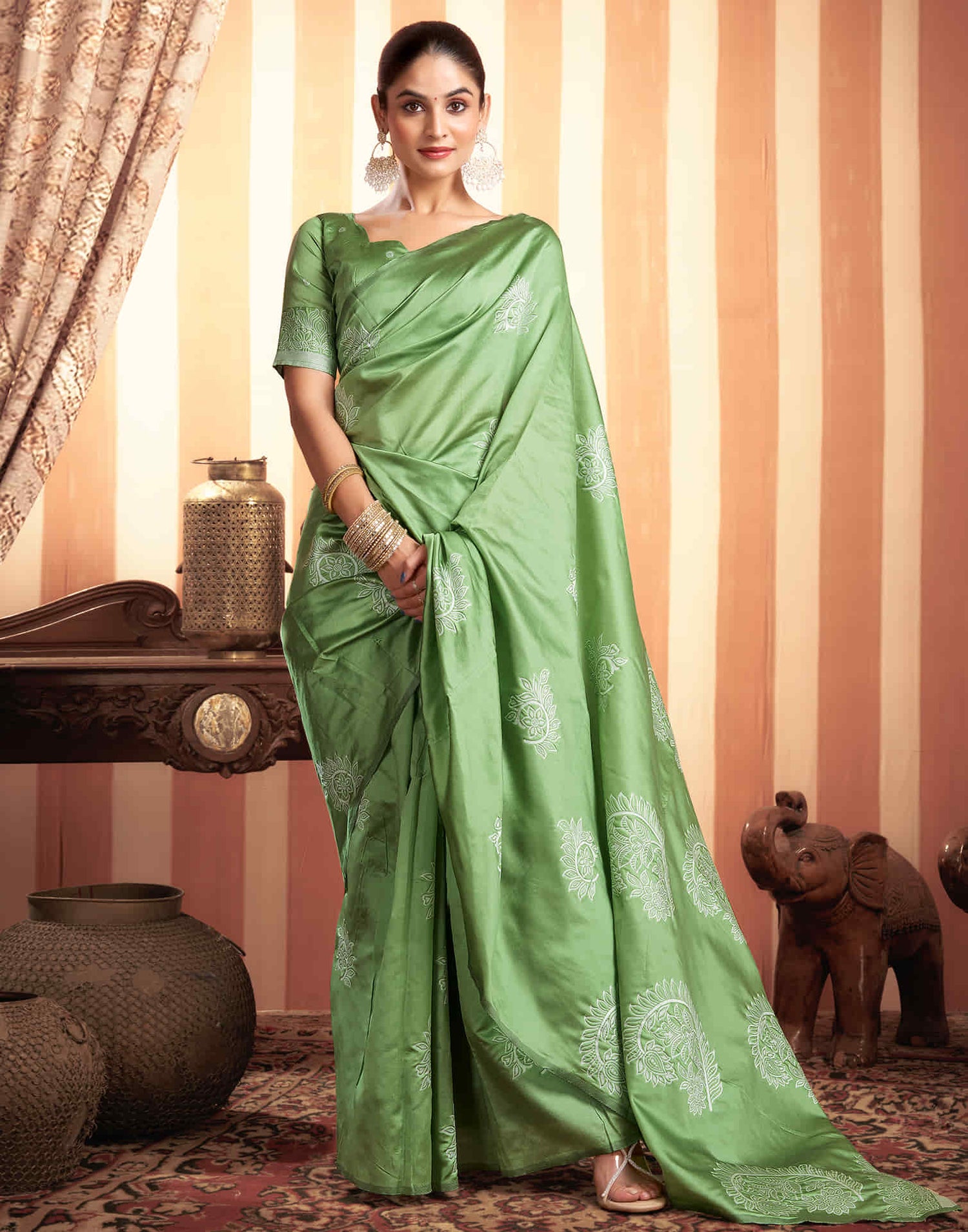 Pista Green Woven Banarasi Silk Saree