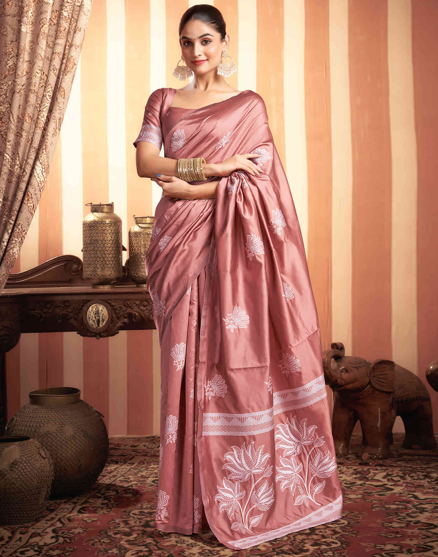 Dusty Rose Pink Woven Banarasi Silk Saree