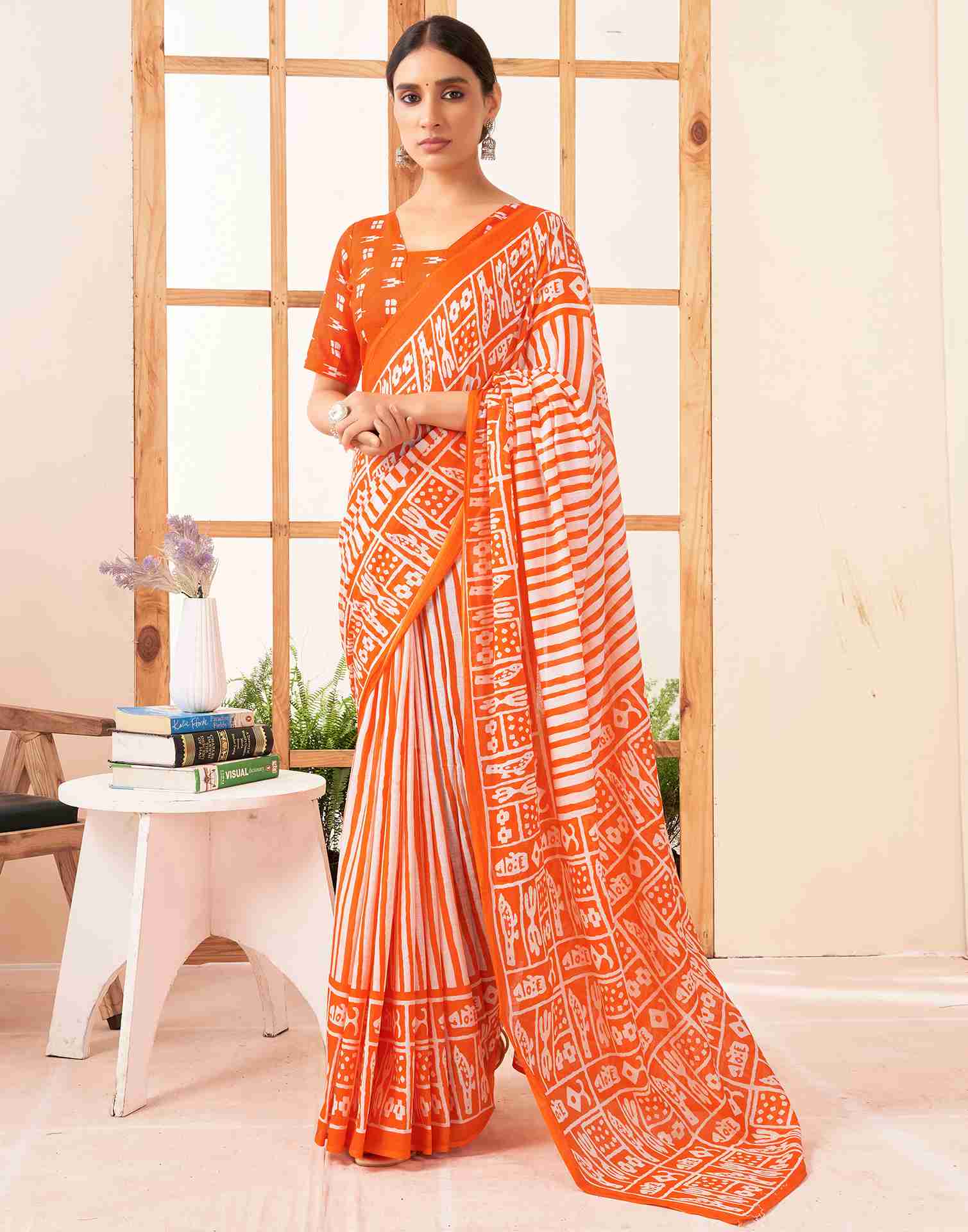 Orange Cotton Printed Saree