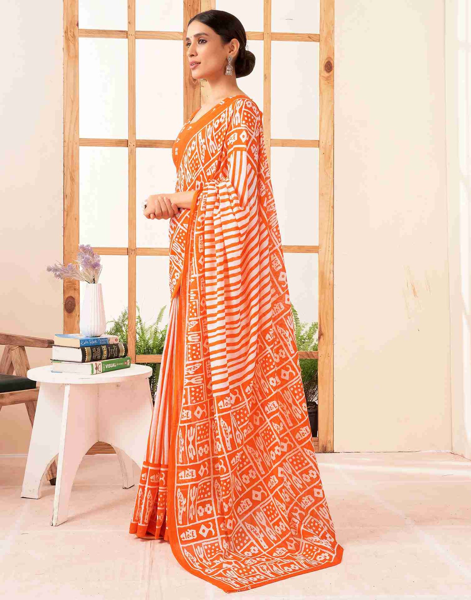 Orange Cotton Printed Saree