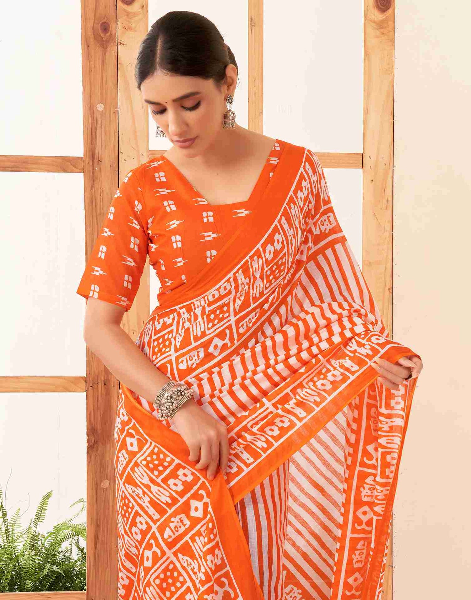 Orange Cotton Printed Saree