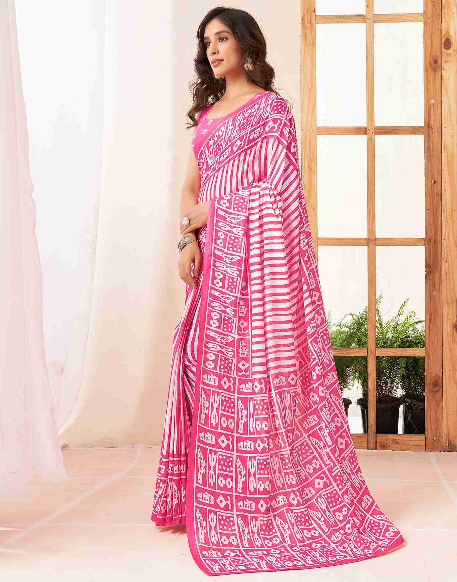 Pink Cotton Printed Saree