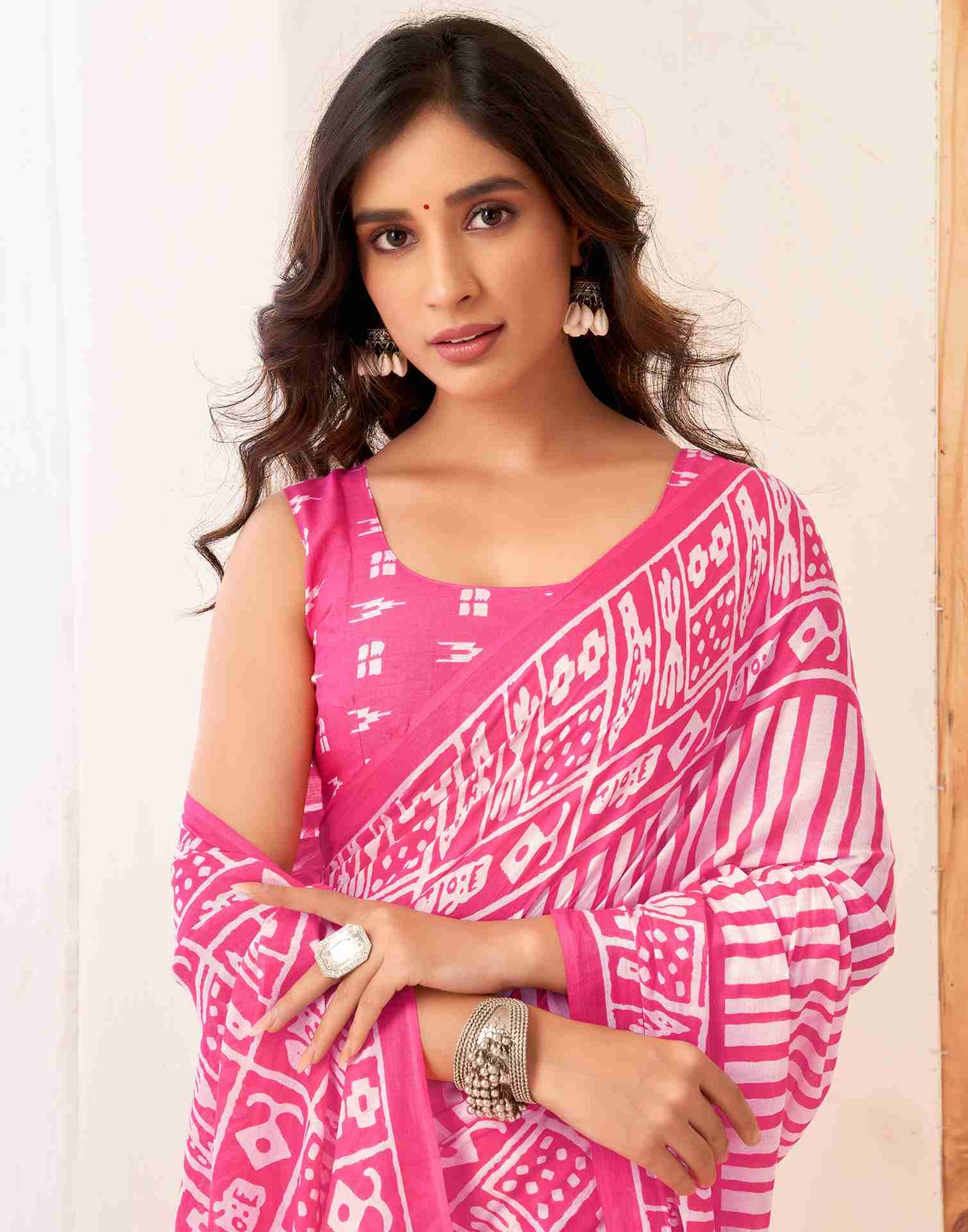 Pink Cotton Printed Saree