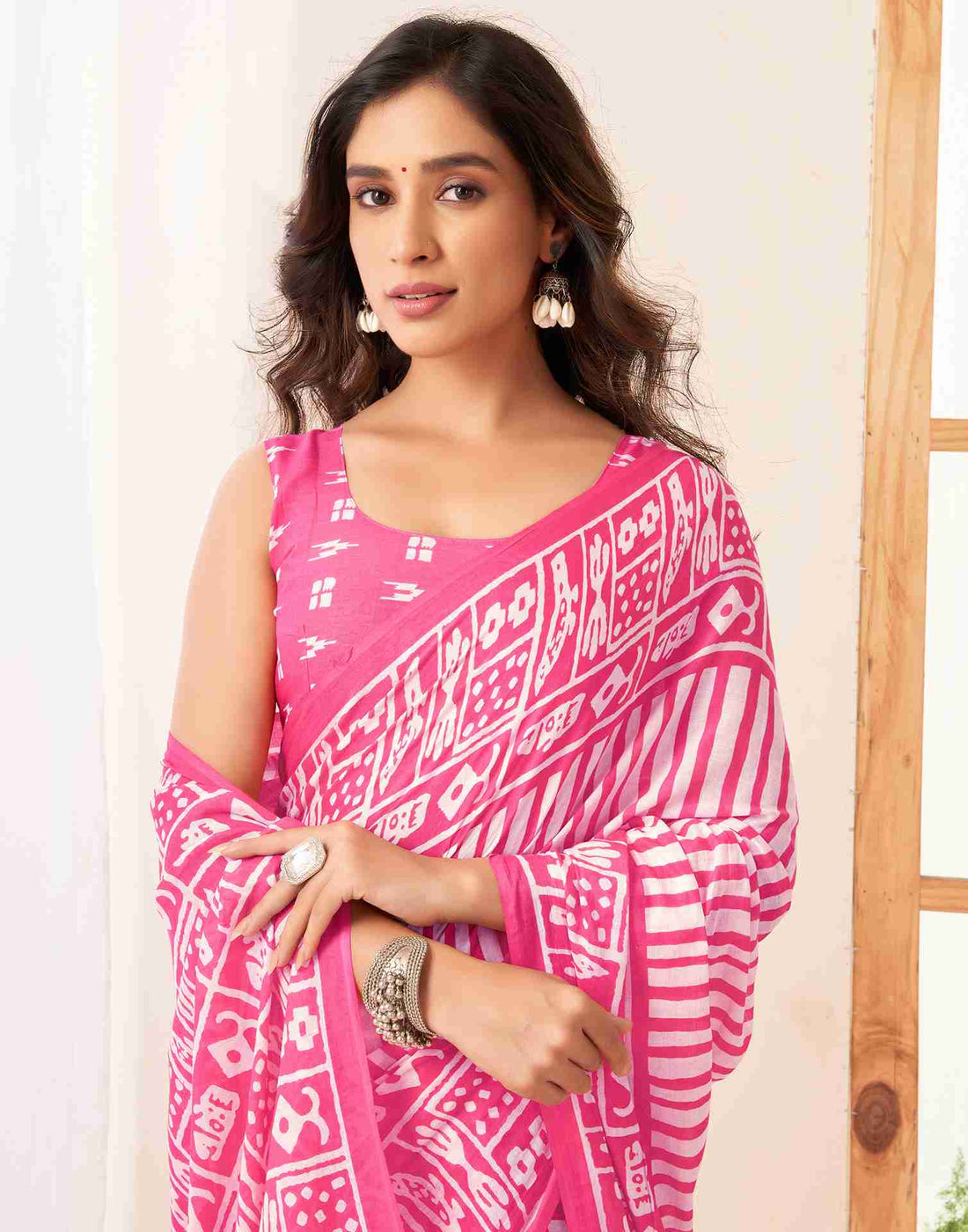 Pink Cotton Printed Saree