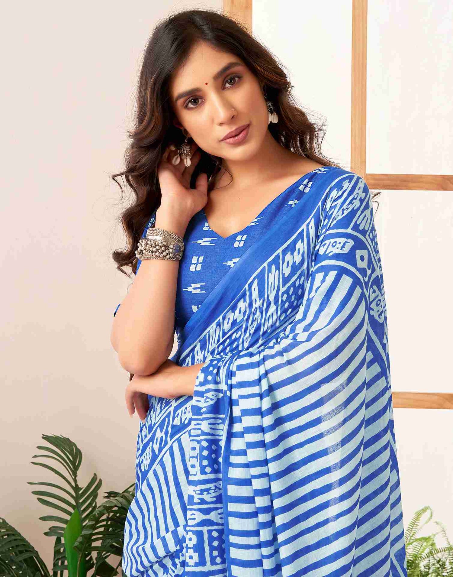 Dark Blue Cotton Printed Saree