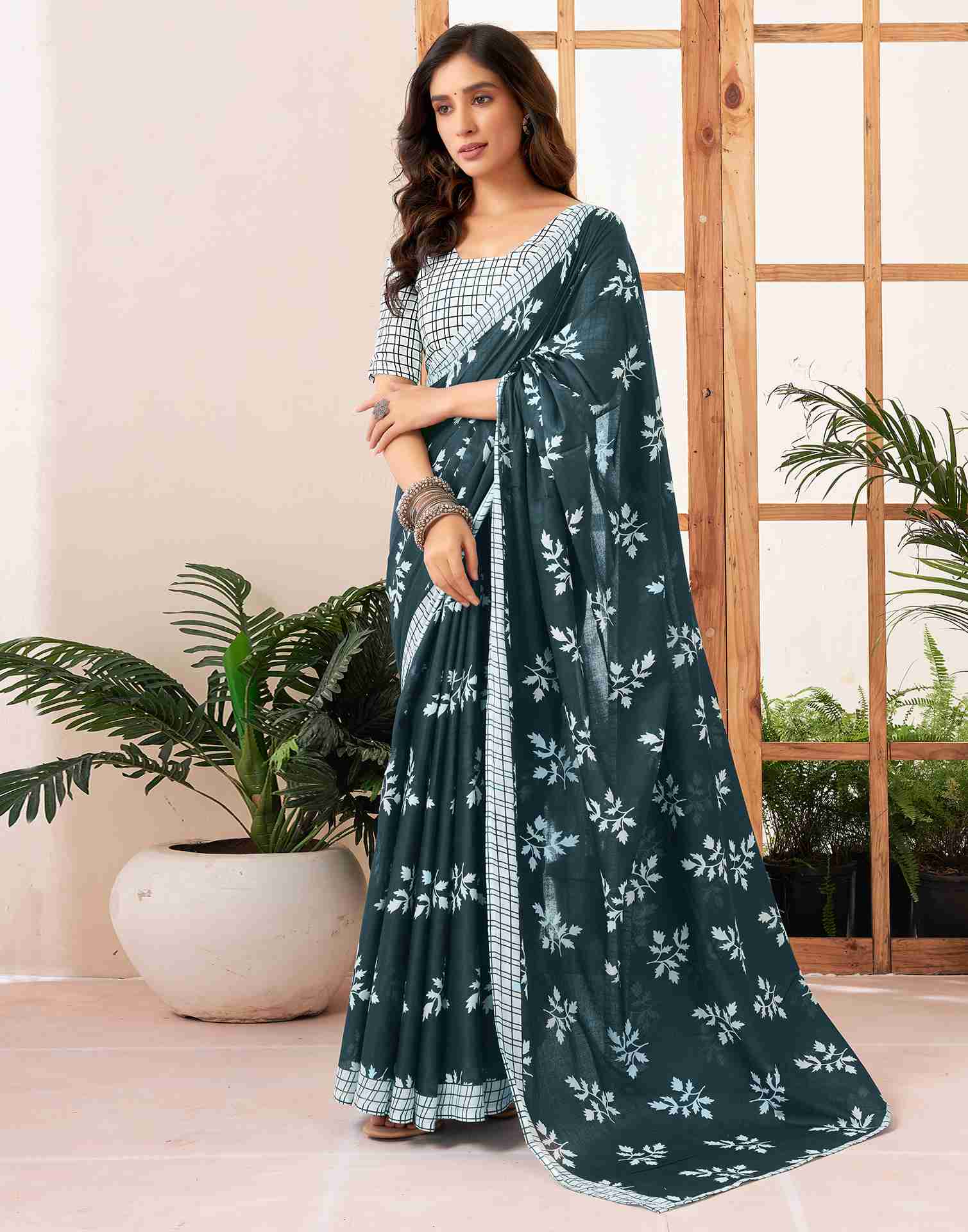 Dark Rama Blue Cotton Printed Saree