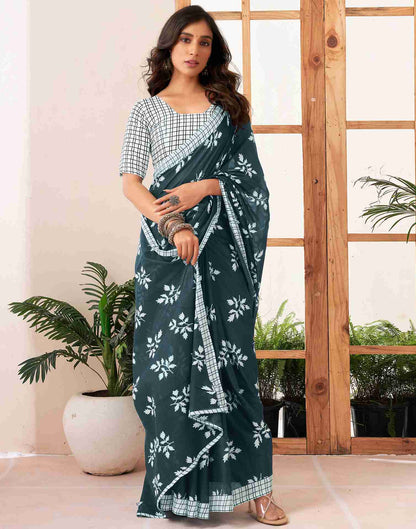 Dark Rama Blue Cotton Printed Saree