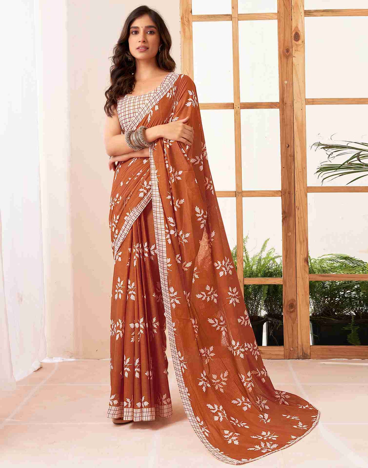 Rust Cotton Printed Saree