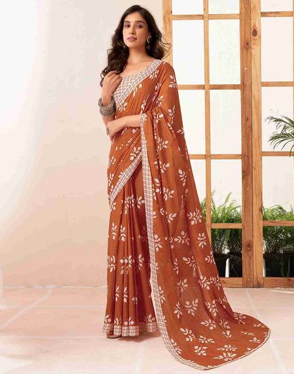 Rust Cotton Printed Saree