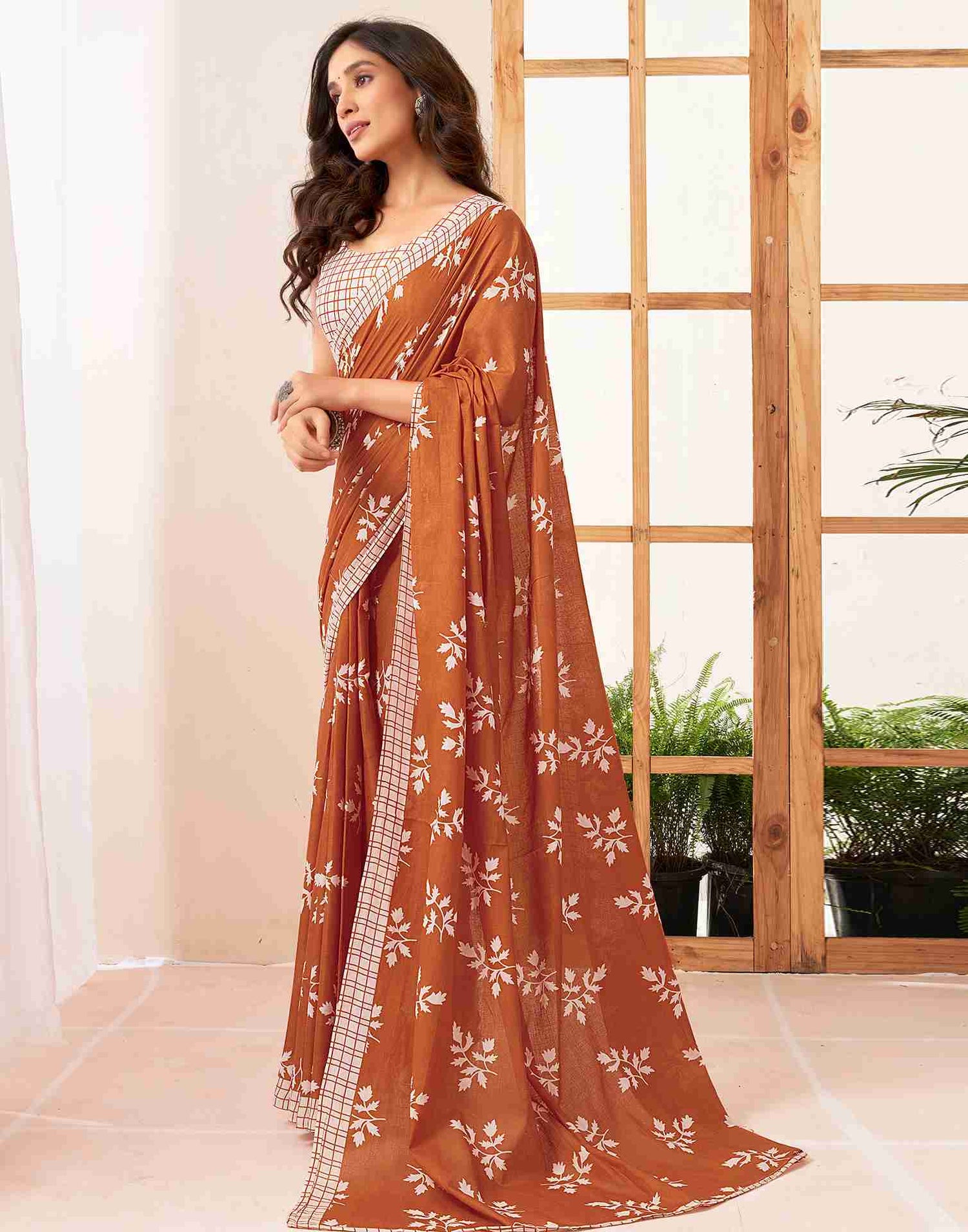 Rust Cotton Printed Saree