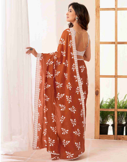 Rust Cotton Printed Saree