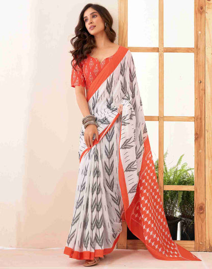 White Cotton Printed Saree