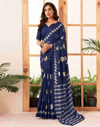 Navy Blue Cotton Printed Saree