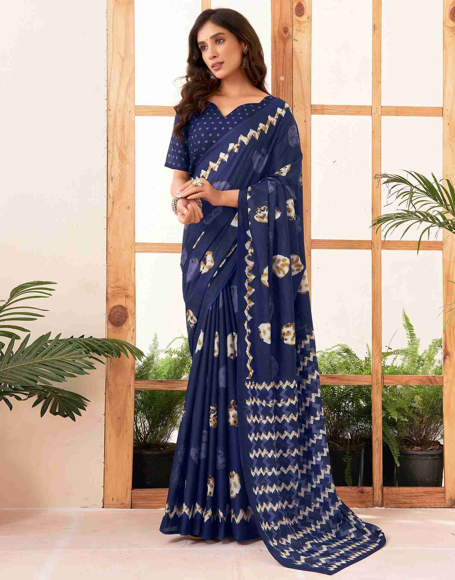 Navy Blue Cotton Printed Saree