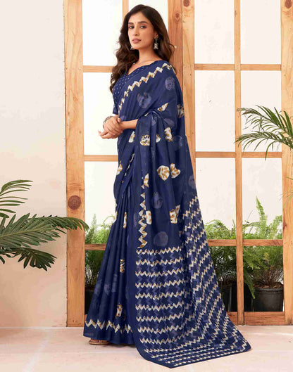 Navy Blue Cotton Printed Saree