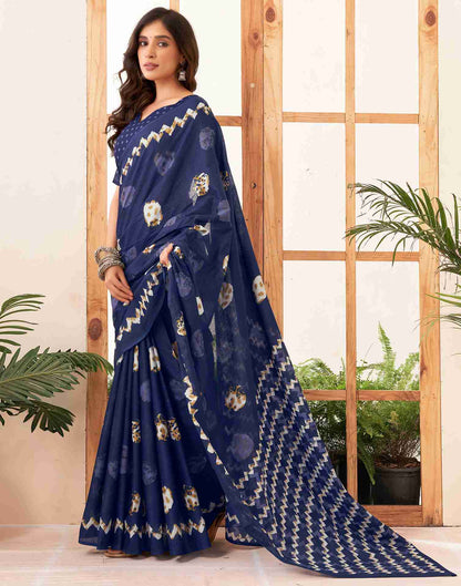 Navy Blue Cotton Printed Saree