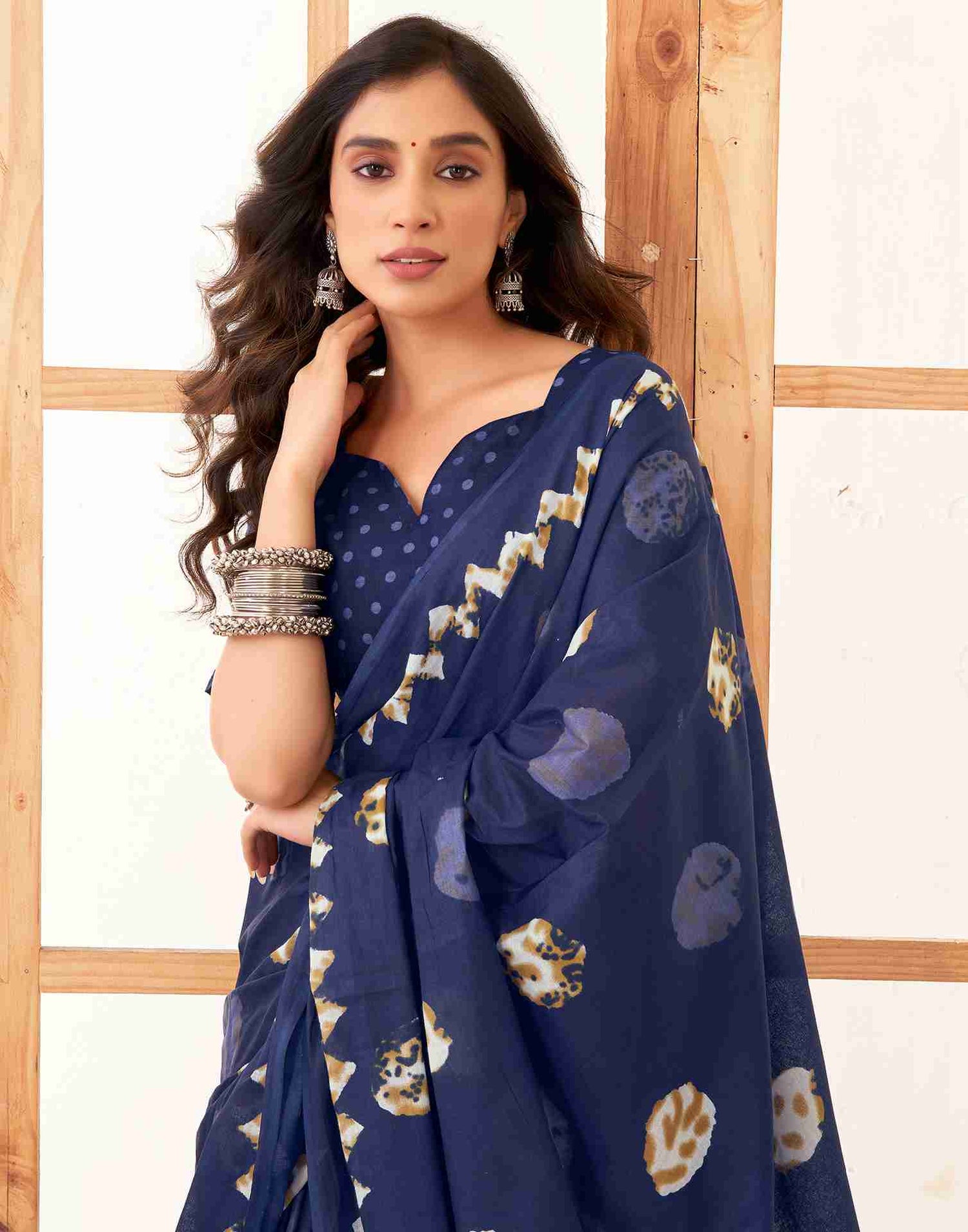 Navy Blue Cotton Printed Saree