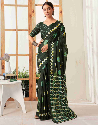 Dark Green Cotton Printed Saree