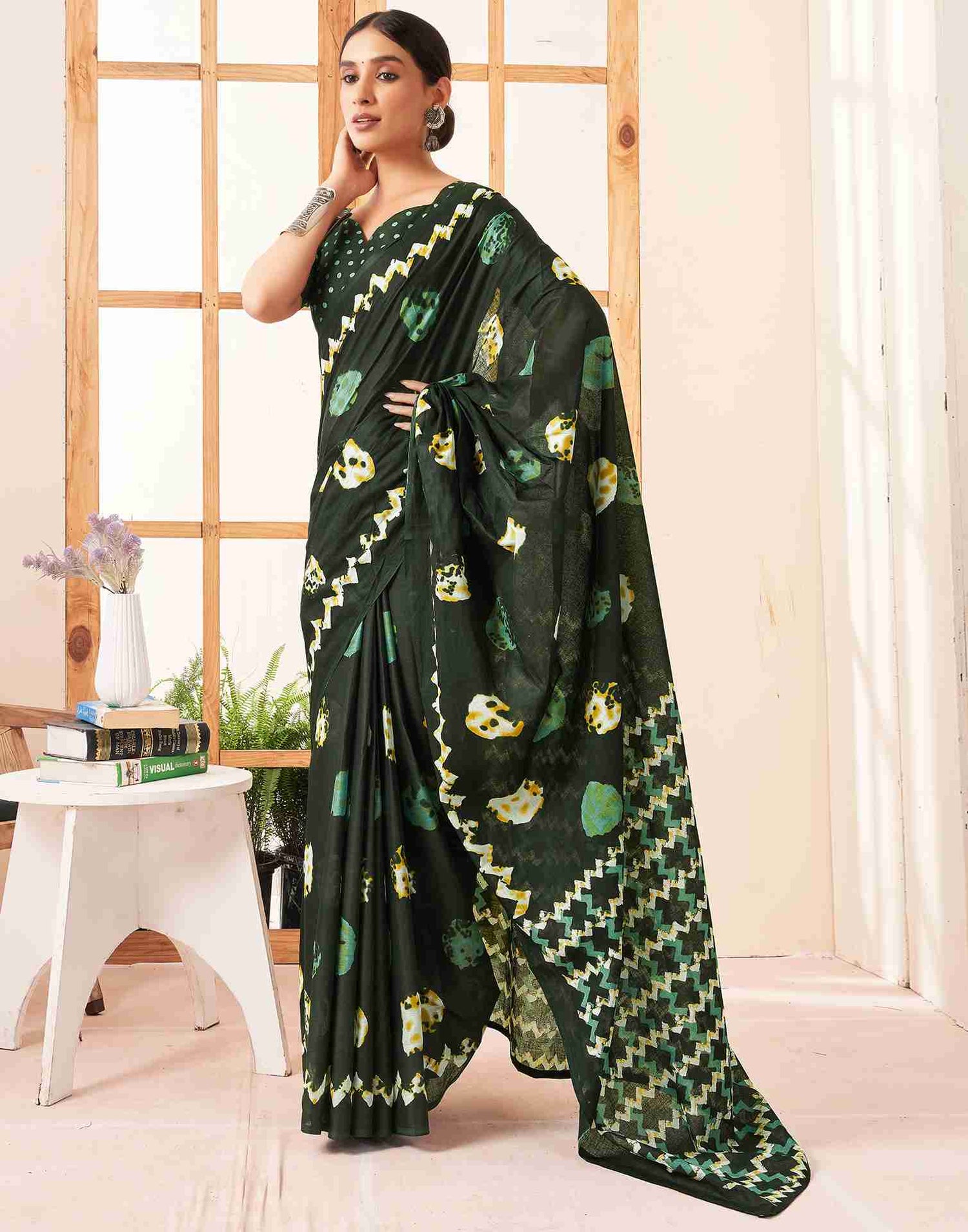 Dark Green Cotton Printed Saree