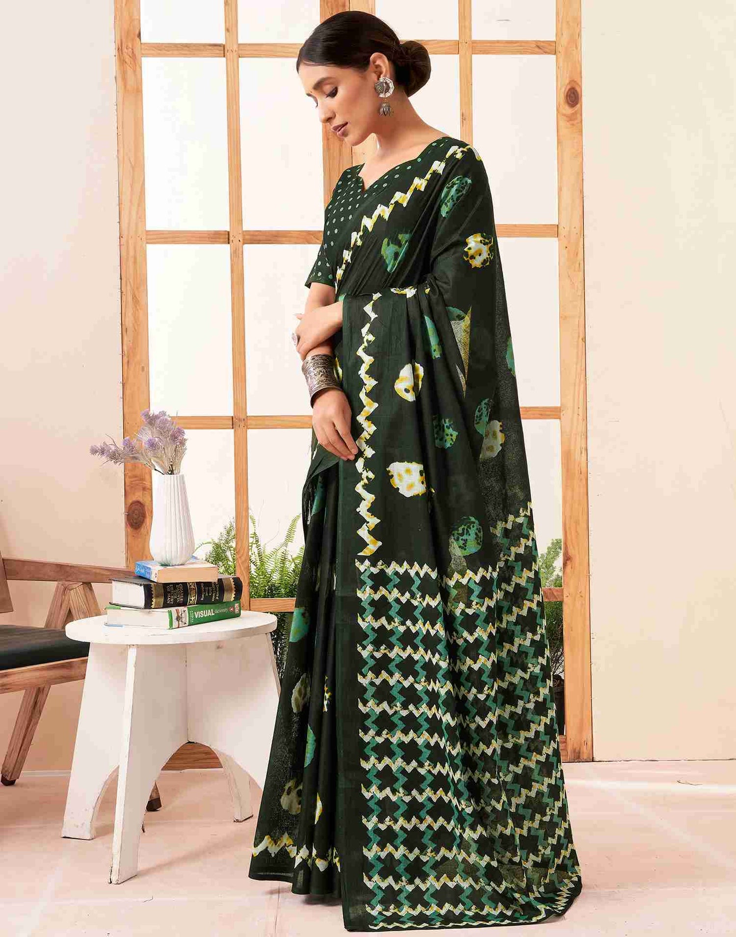 Dark Green Cotton Printed Saree