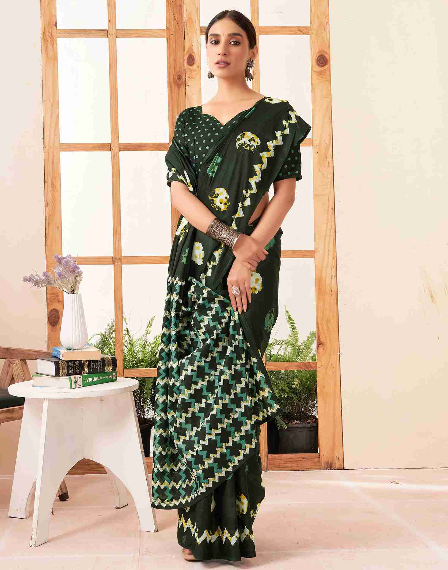 Dark Green Cotton Printed Saree