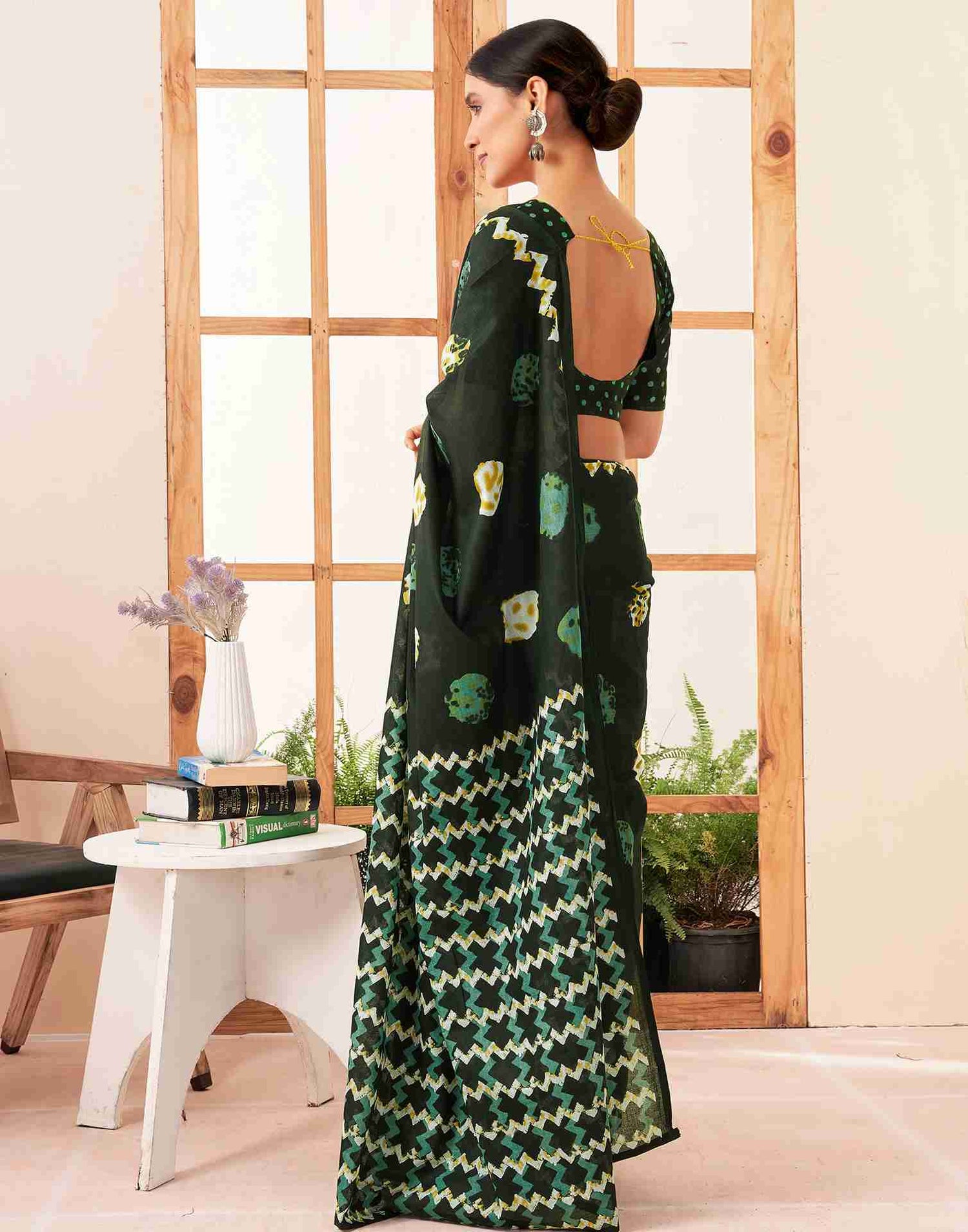 Dark Green Cotton Printed Saree