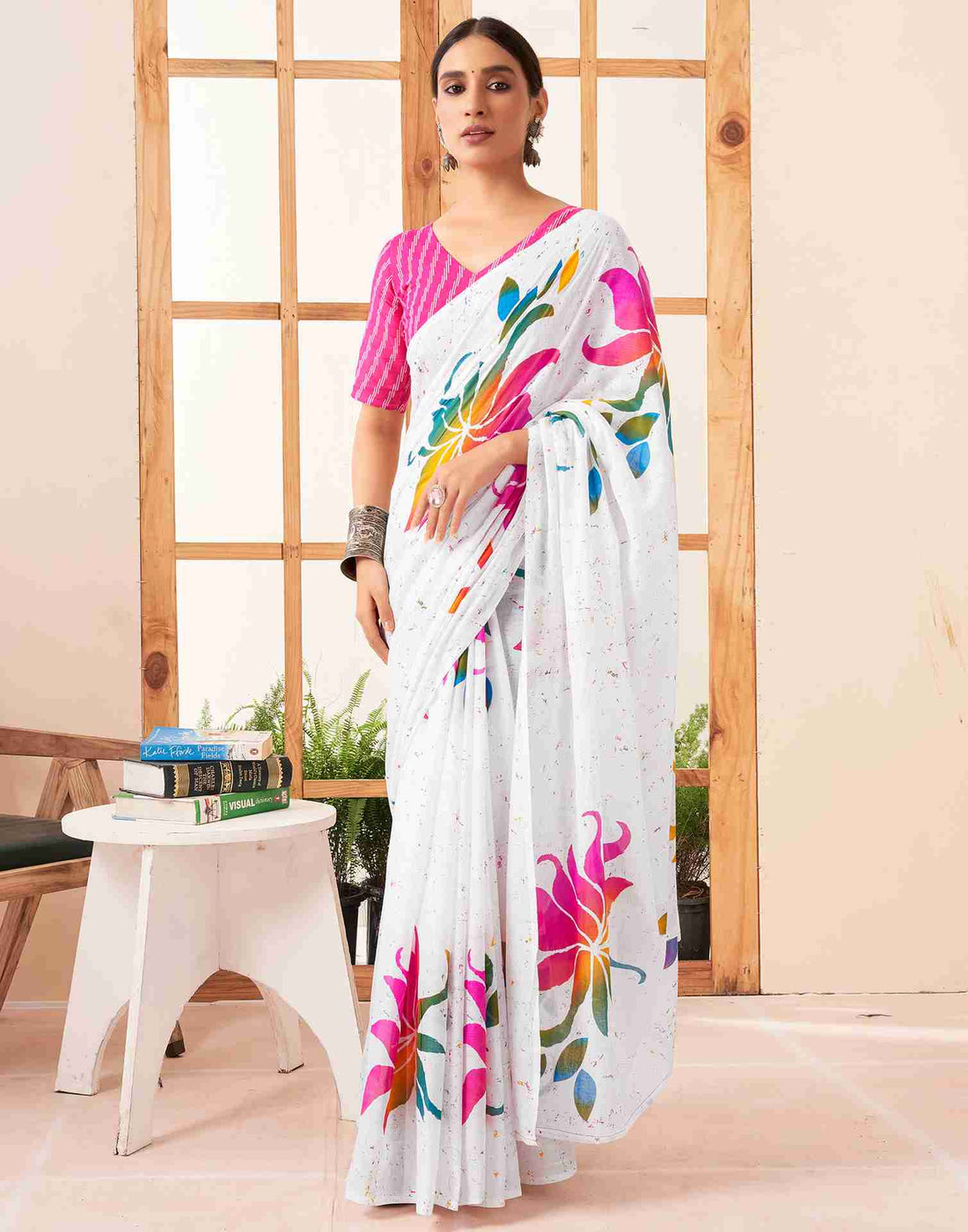 White Cotton Printed Saree