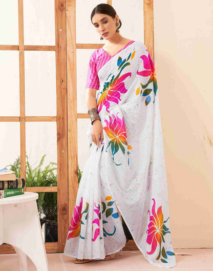 White Cotton Printed Saree