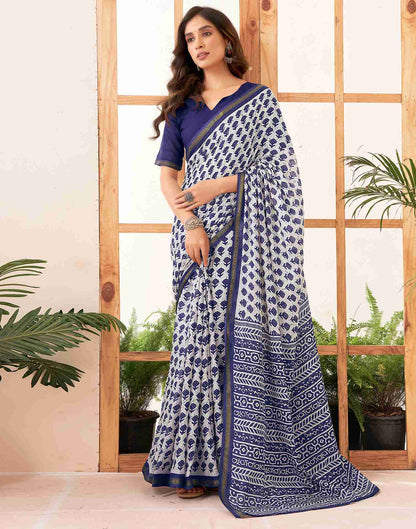 White Cotton Printed Saree