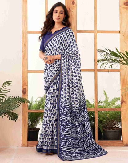 White Cotton Printed Saree