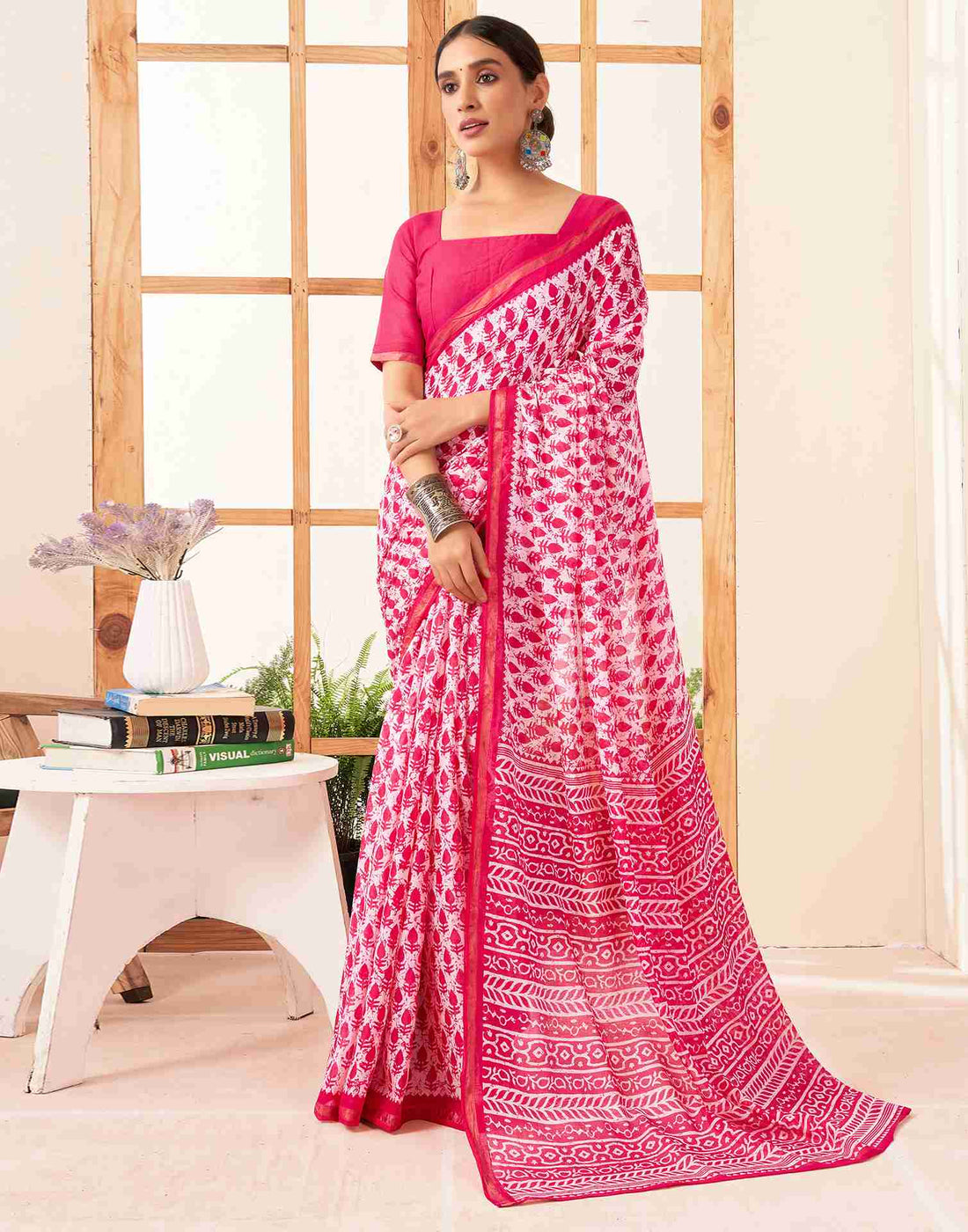 Off White Cotton Printed Saree