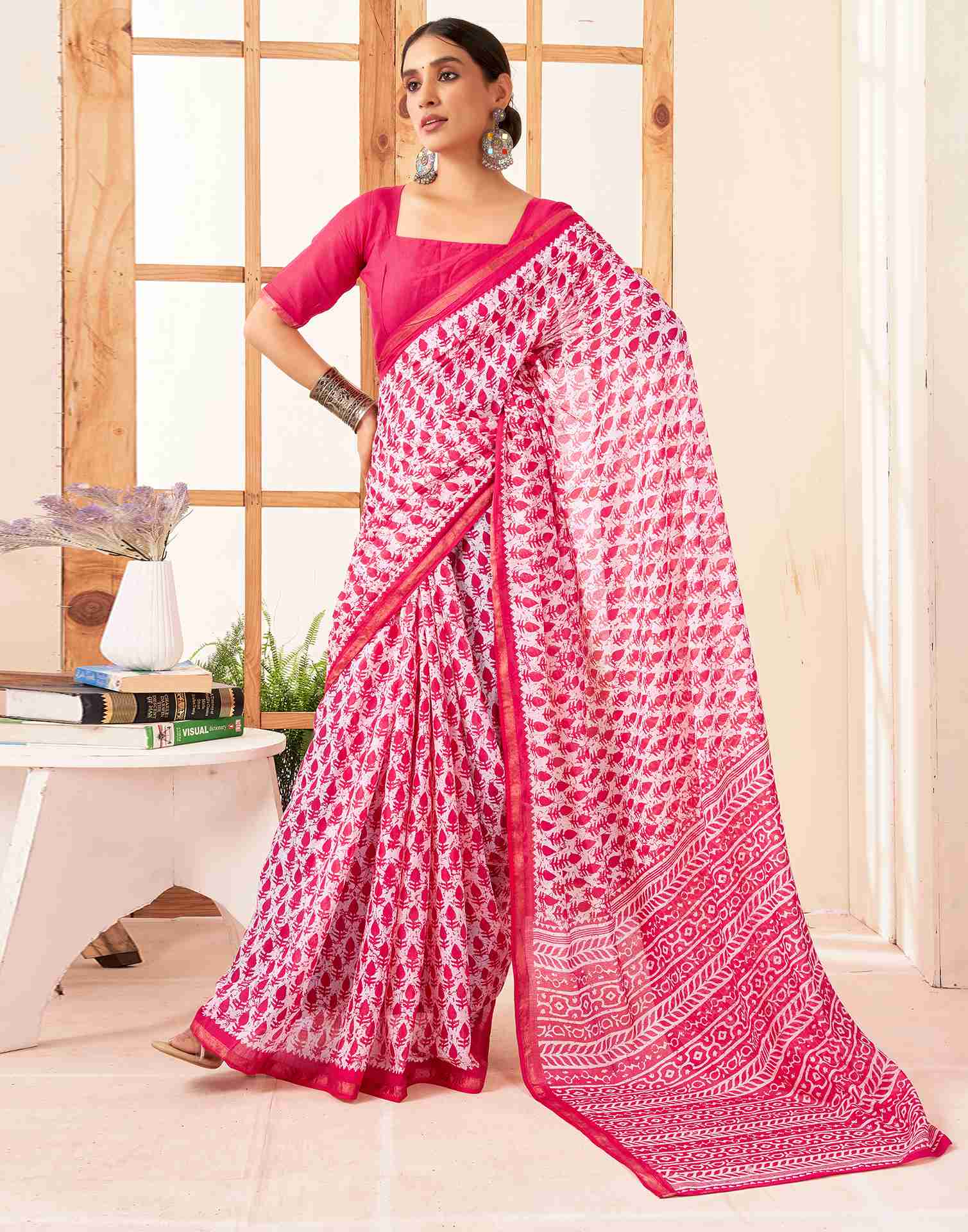 Off White Cotton Printed Saree