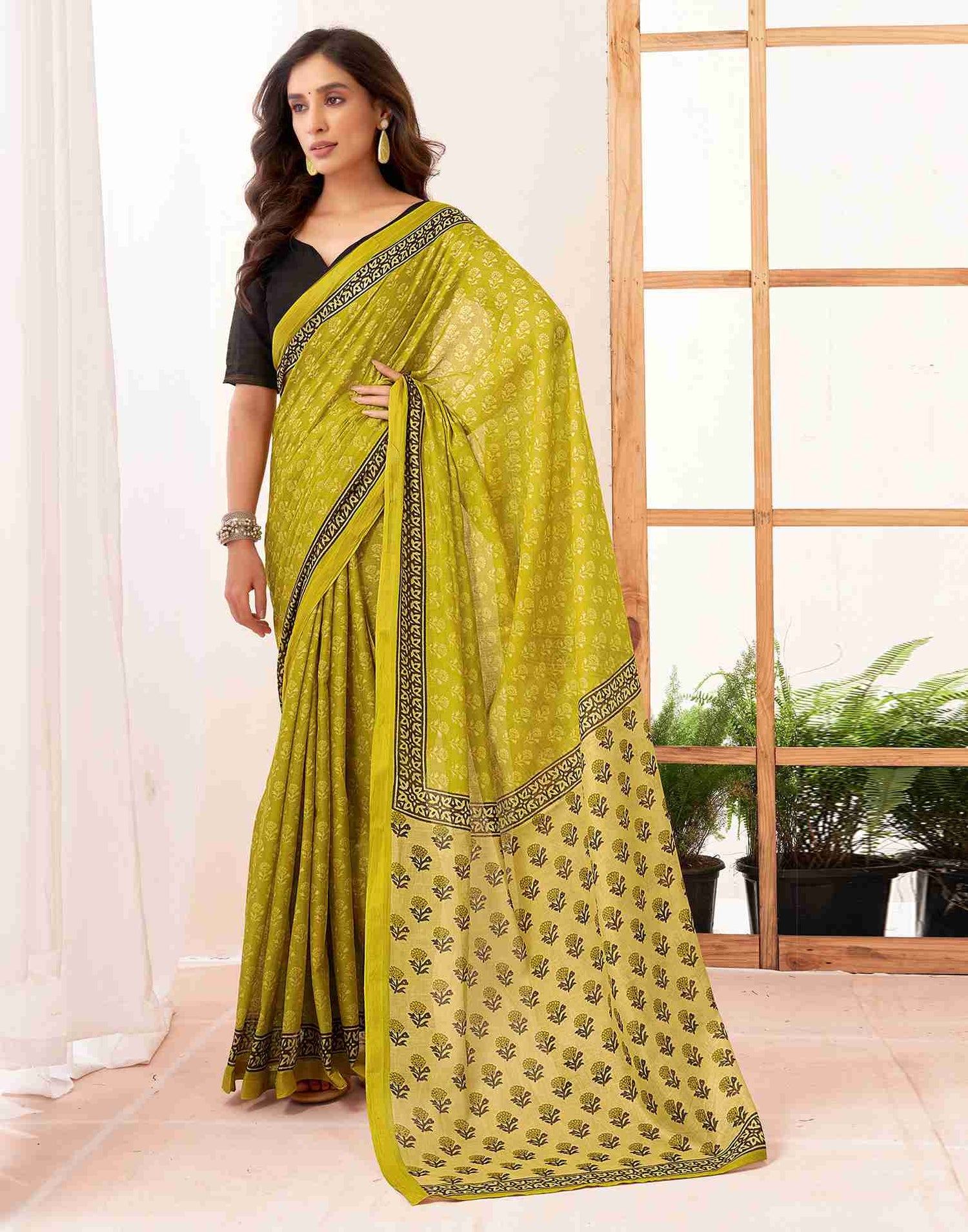 Lime Green Cotton Printed Saree