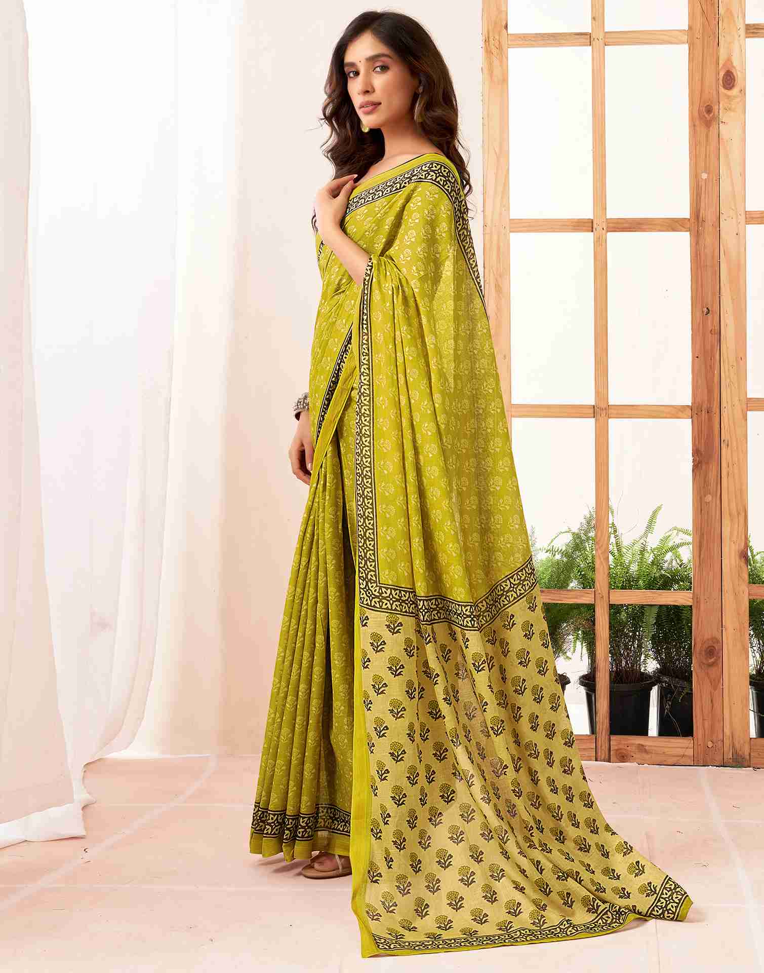 Lime Green Cotton Printed Saree