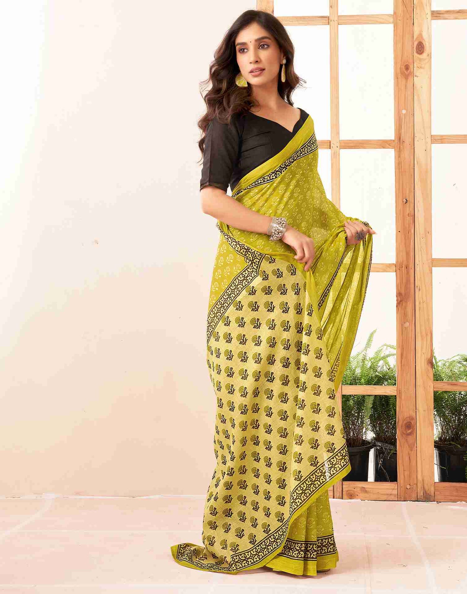 Lime Green Cotton Printed Saree